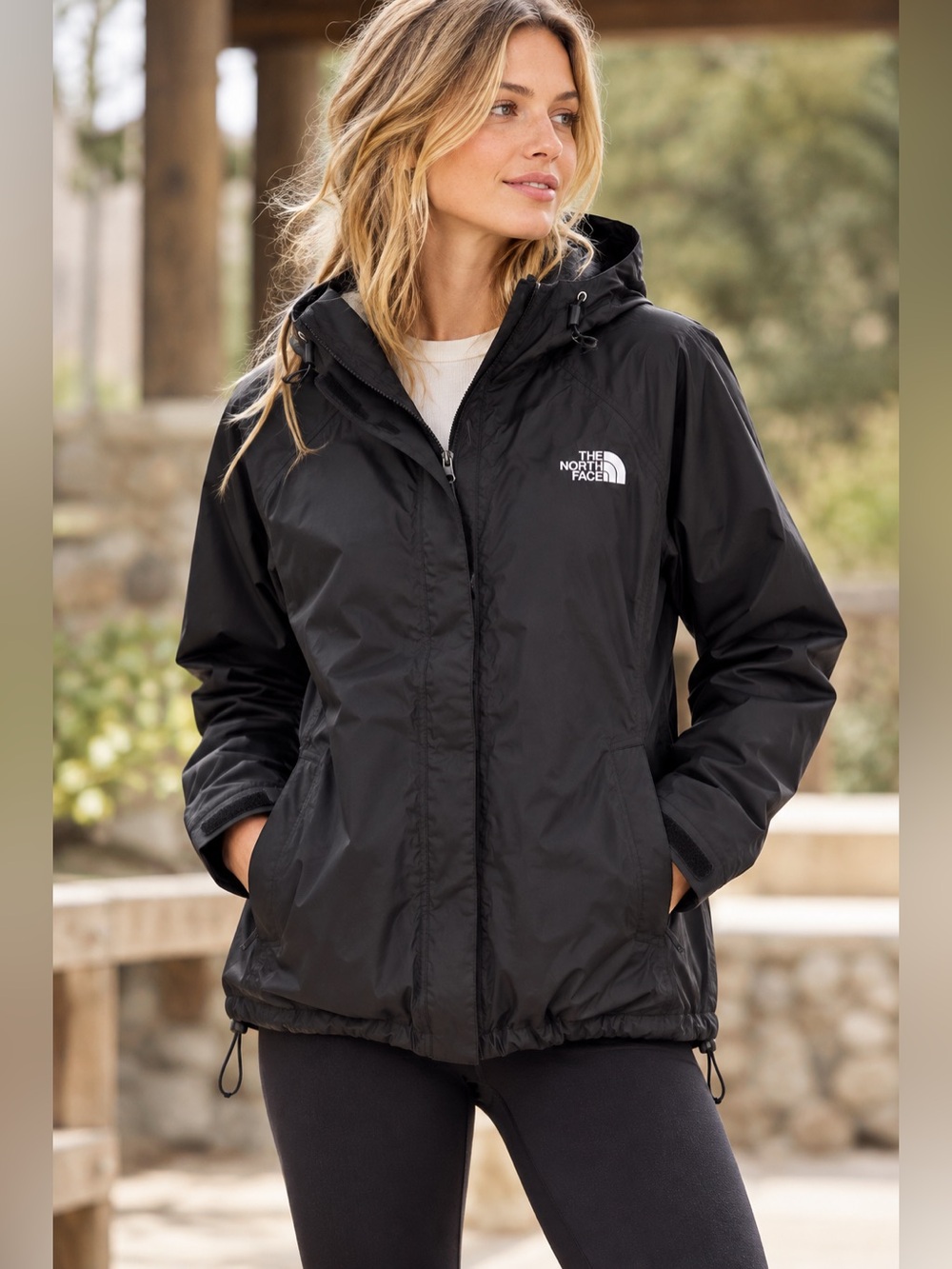 The North Face Womens XL Black Hooded Rain Jacket Waterproof Shell Windbreaker